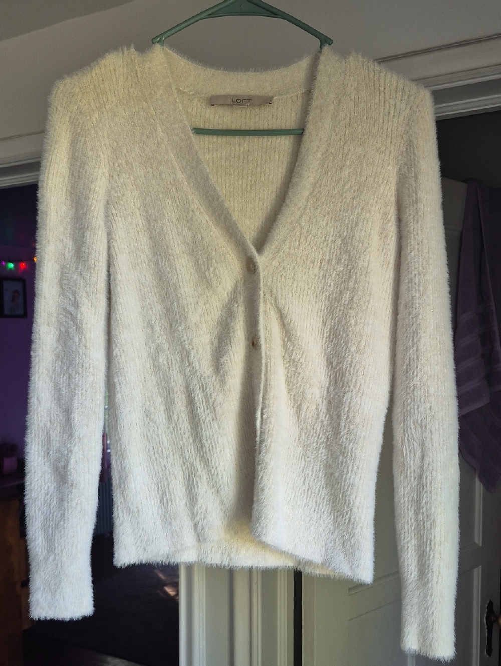 LOFT Cream Fuzzy V-Neck Button-Front Cardigan